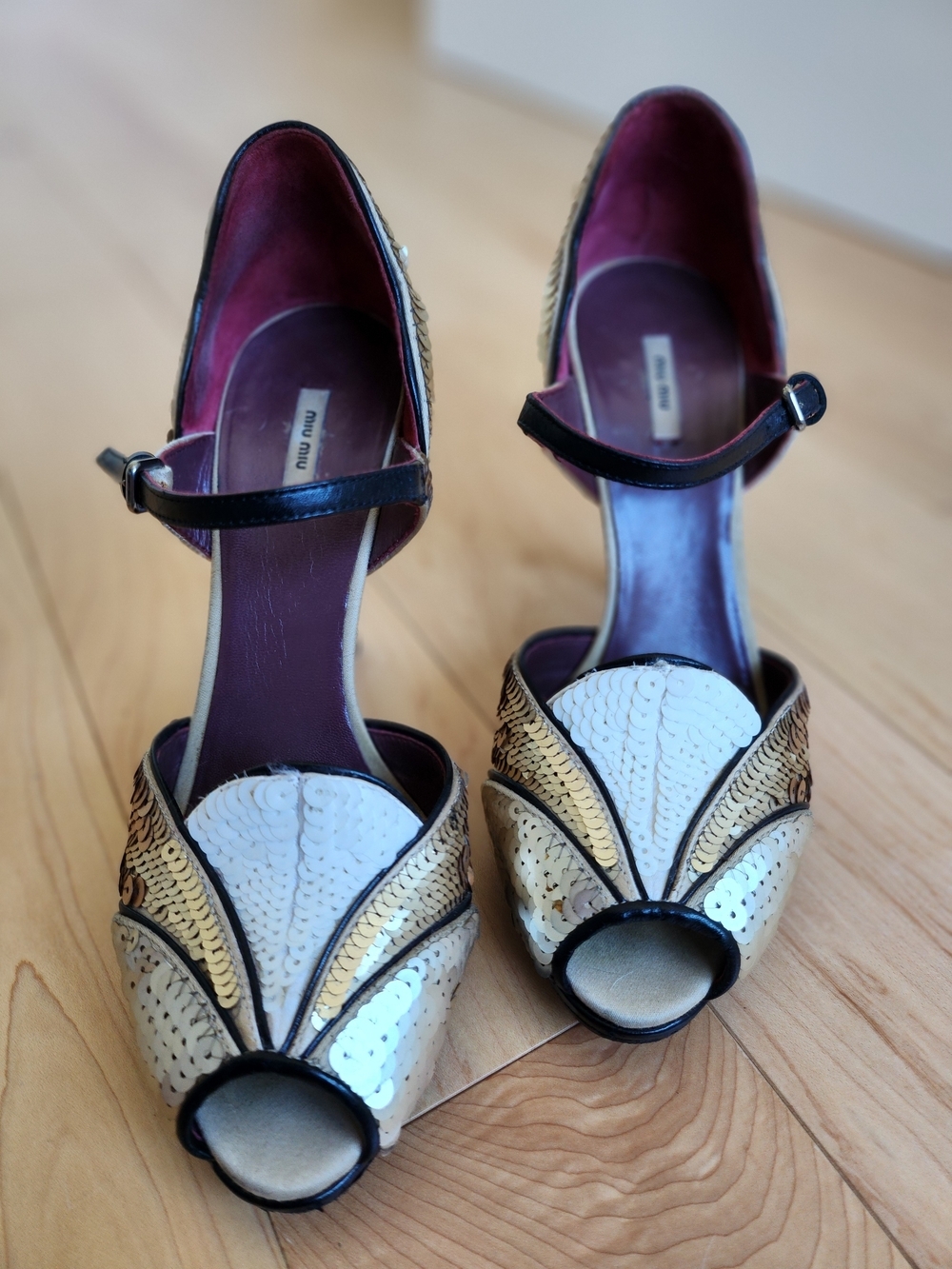 Vintage 50's Vibe Miu Miu Gold & White Sequin Peep-Toe Mary Jane Stiletto EU36.5